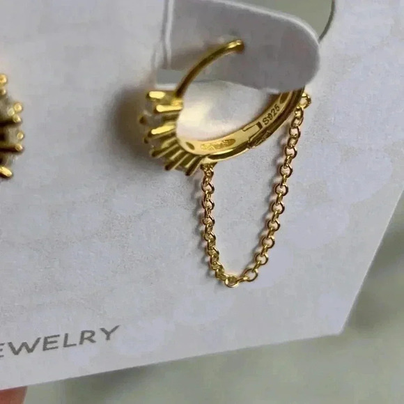 18K Gold Crystal Huggie Hoop Chain Earrings - Picture 3 of 3